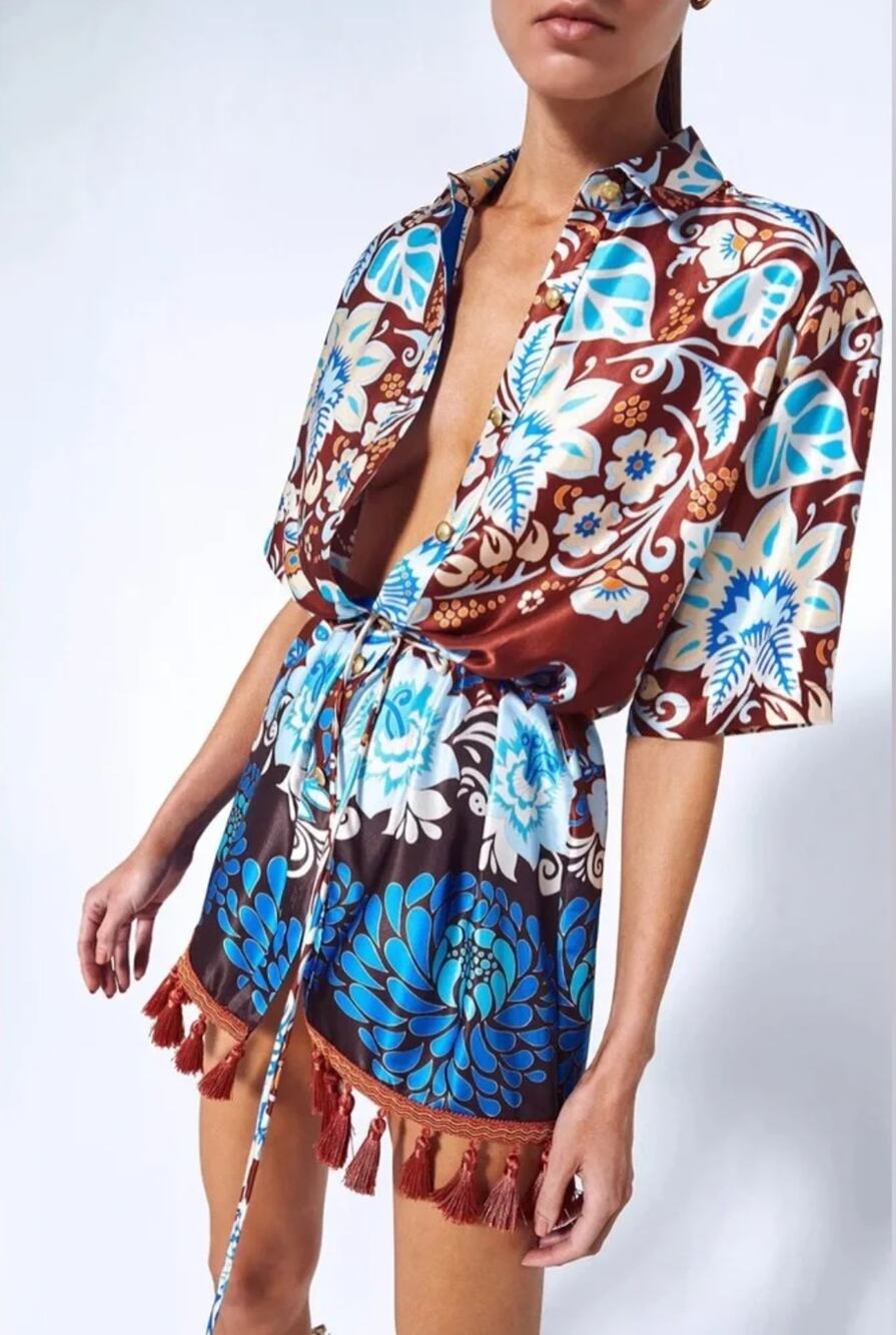 NEW Alexis Emotion Tunic Mini Dress Womens XS Brun Blossom Tassel Boho Floral